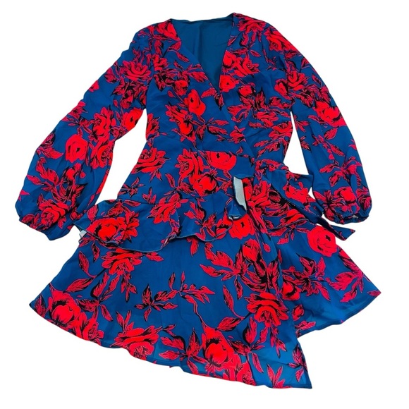 Cupshe Dresses & Skirts - Cupshe Blue & Red Floral Blouson‎ Sleeve Mini Wrap Dress - Size Small NWT